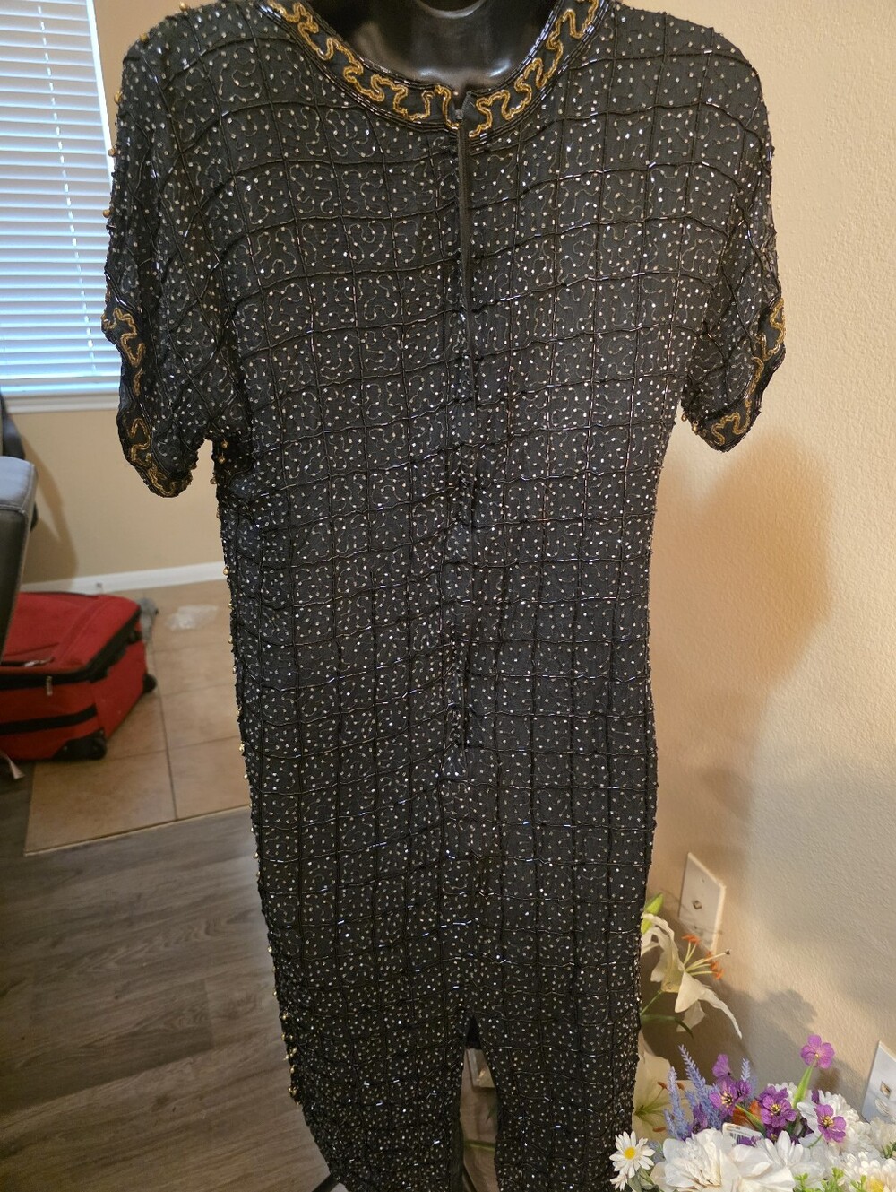 Jewel Queen Beaded Short-Sleeve Dress with Gold Trim